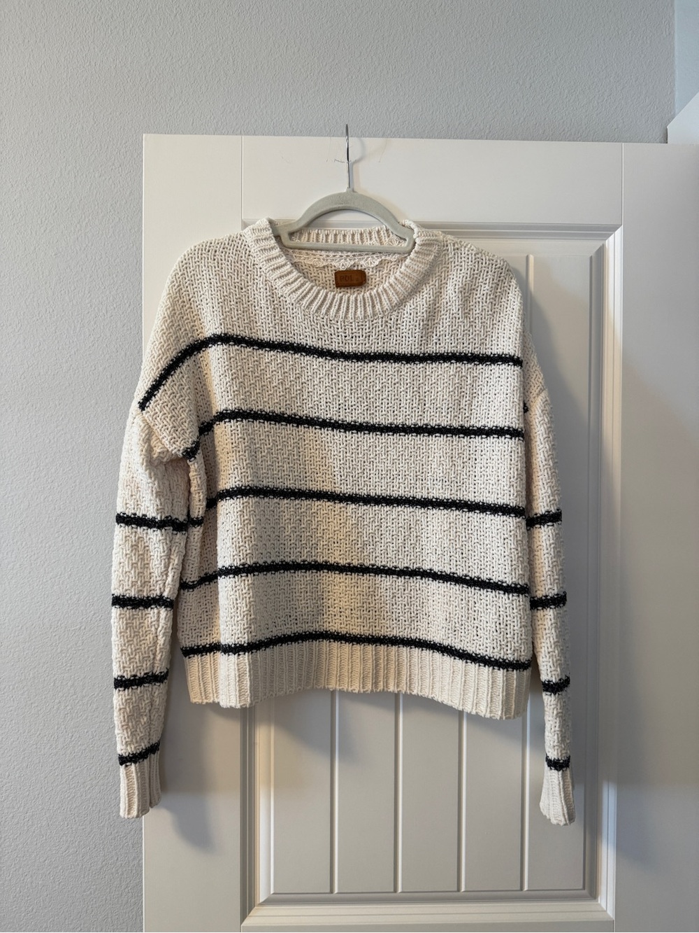 POL Cream Crewneck Sweater with Black Stripes